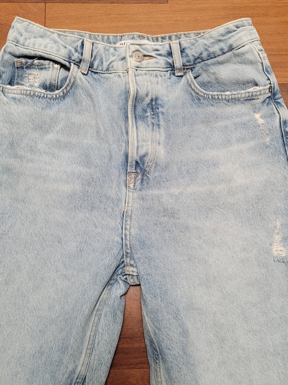 Zara Denim Jeans Straight Leg High Waisted Button Up Raw Hem Light Distressed 8 - Picture 2 of 14